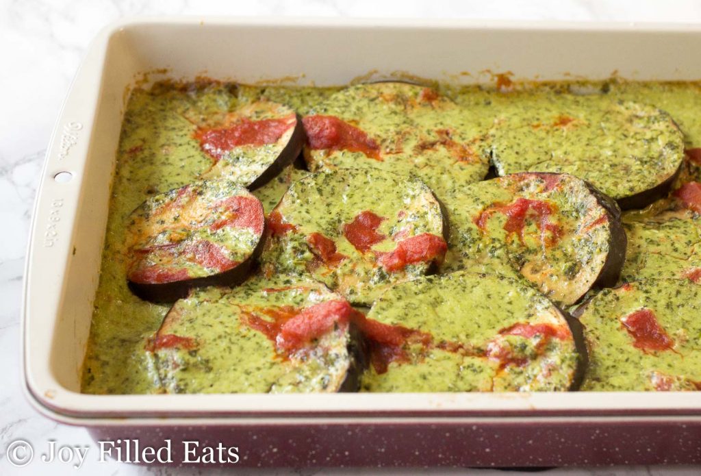 casserole dish lined with baked eggplant gratin