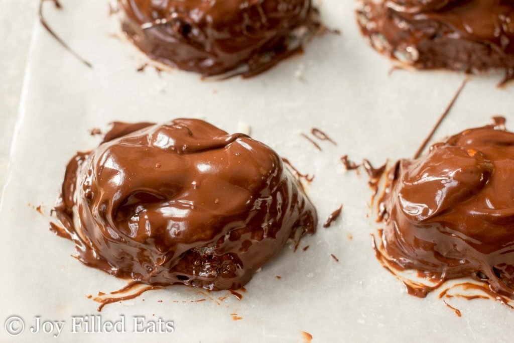 close up on homemade almond joy candies on parchment paper