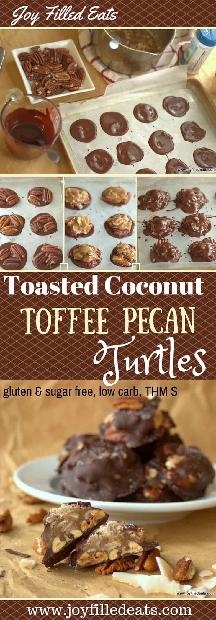 pinterest image for toasted coconut toffee pecan turtle candy