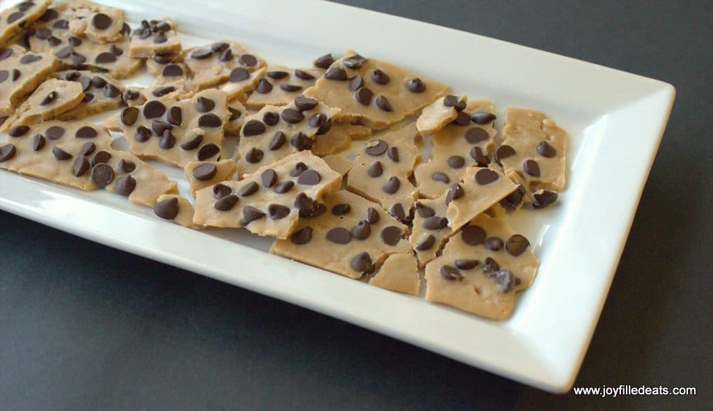 low carb chocolate chip cookie dough bark placed on a white platter