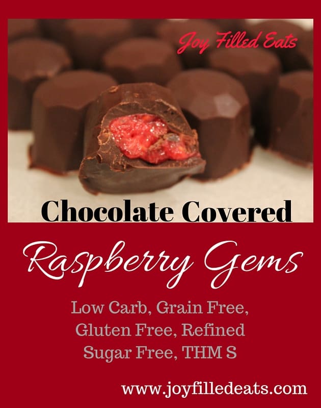 pinterest image for low carb chocolate covered raspberry gems
