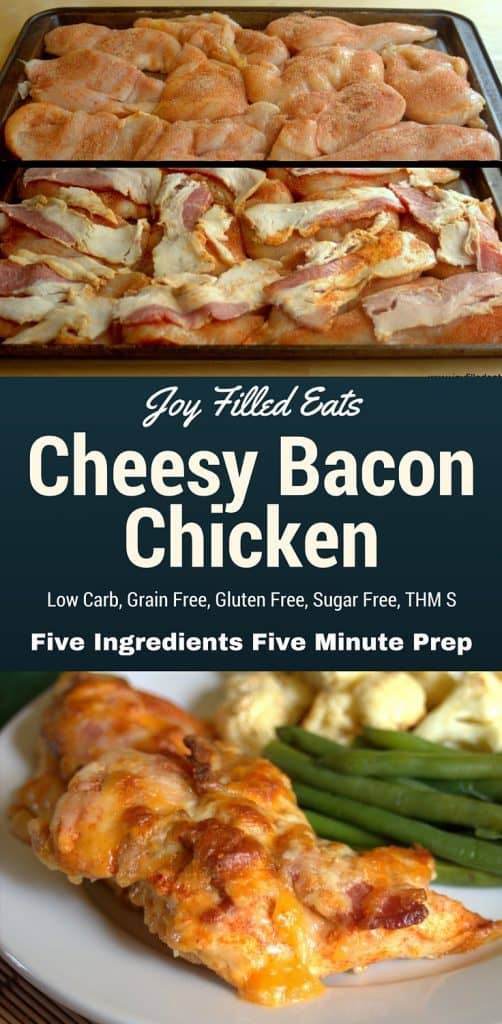 pinterest image for low carb cheesy bacon chicken
