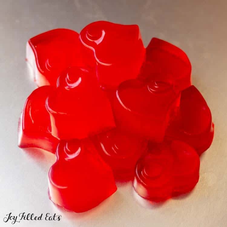 pile of homemade red hot cinnamon gummies from above