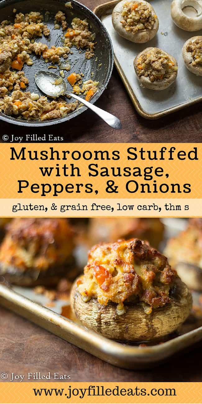 pinterest image for low carb mushrooms stuffed with sausage, peppers and onions