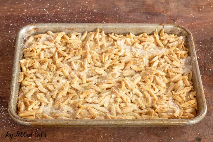 shallow baking dish filled with baked almond pastry