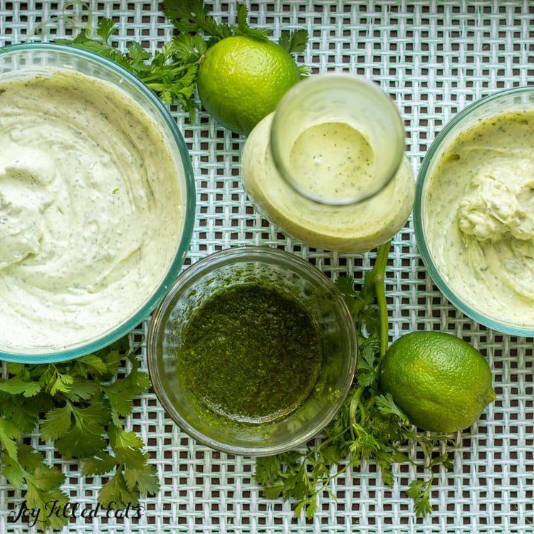 overhead view of containers of cilantro lime pesto, dip, dressing and mayo
