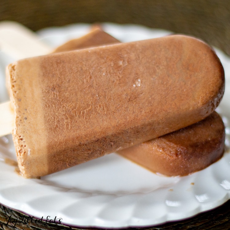 overhead view of two sugar free mocha fudgesicles leaning on each other on a white plate