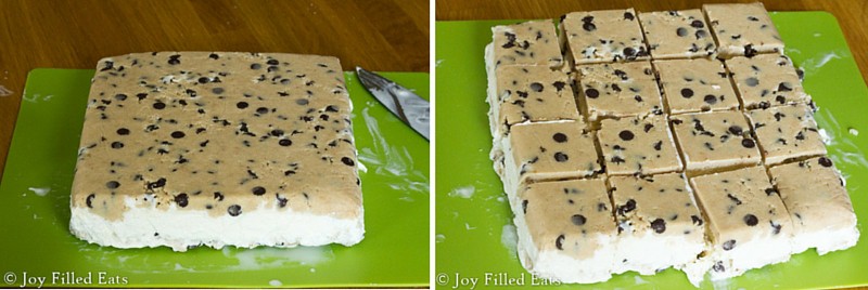 two images of sugar free ice cream sandwiches set on a green cutting board