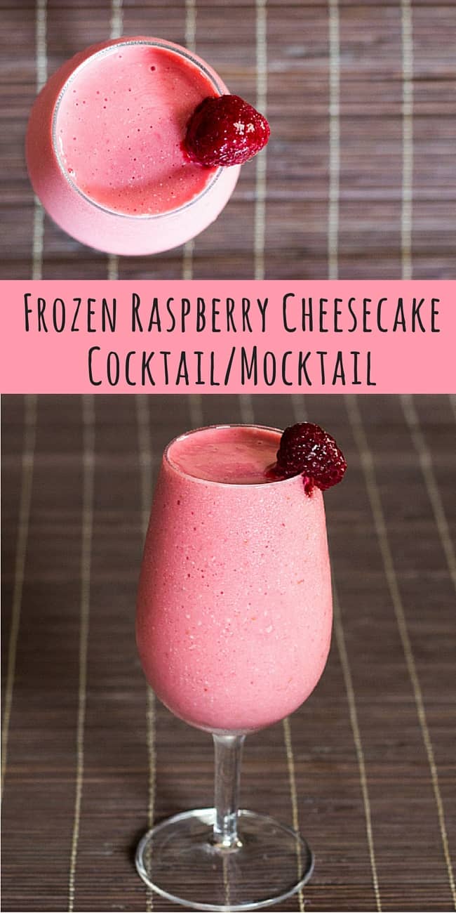 pinterest image for frozen raspberry cheesecake cocktail/mocktail