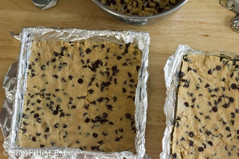 two square sheets of chocolate chip cookie dough from above