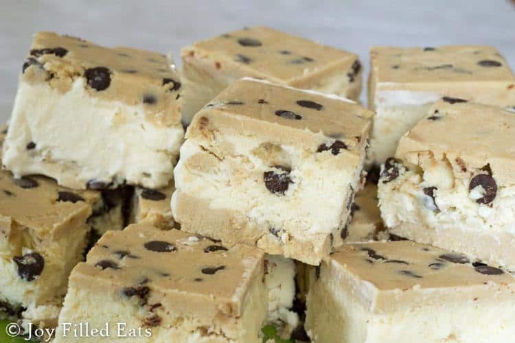 pile of chocolate chip cookie dough ice cream sandwiches close up
