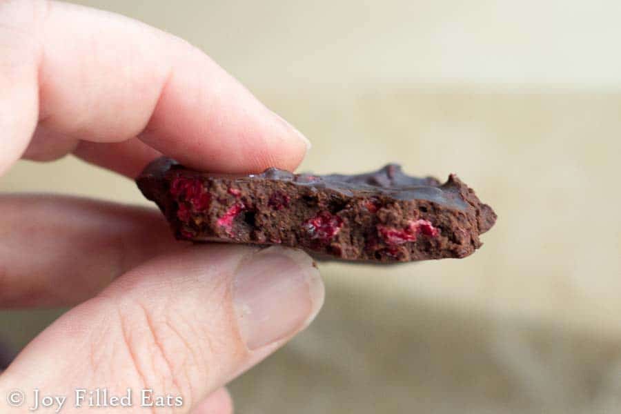 hand holding a piece of dark chocolate raspberry truffle bark