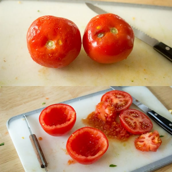 two images, one of two tomatoes with a knife, the other of the tomatoes halved on a cutting board and seeds spooned out