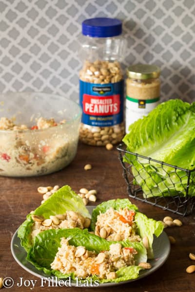 three easy Thai chicken salad lettuce wraps on a plate surrounded by containers of ingredients
