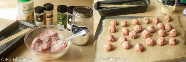 one image showing a large mixing bowl of ground meat and another image showing shaped meatballs on a sheet pan