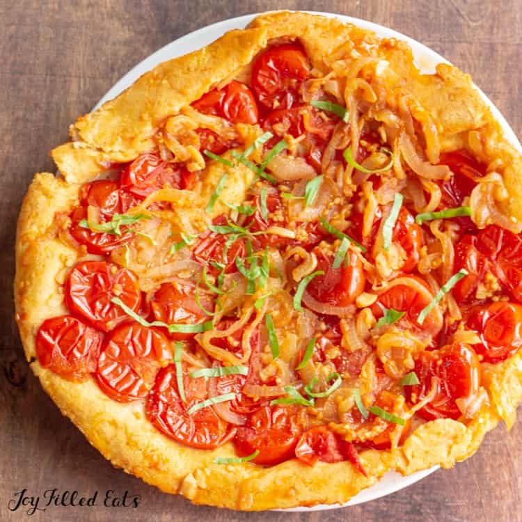 tomato tart on white plate from above
