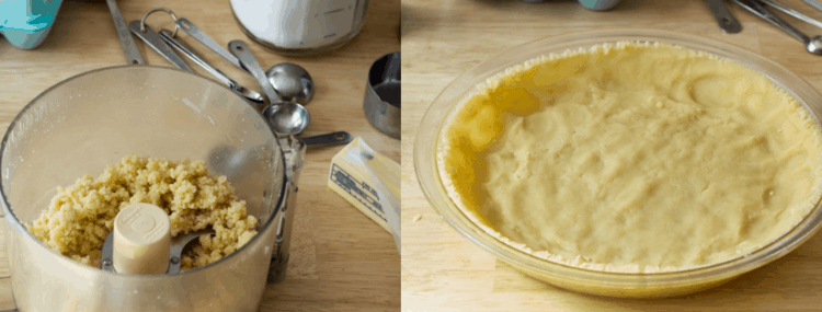 side by side pictures to show pie crust dough in food processor and dough pressed into pie plate