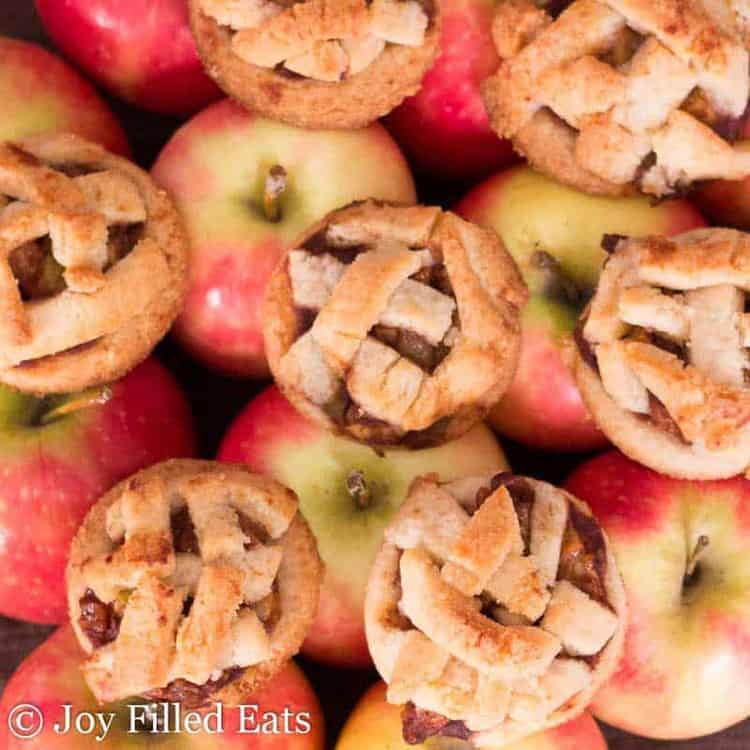 overhead view of apple pie cookies arranged on apples