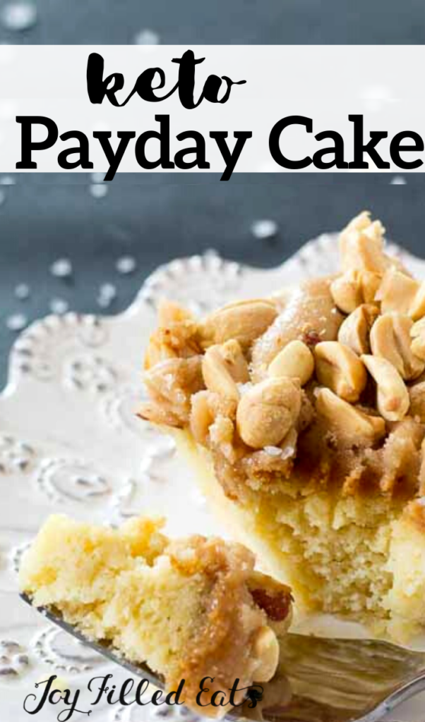 pinterest image for peanut butter cake with caramel icing
