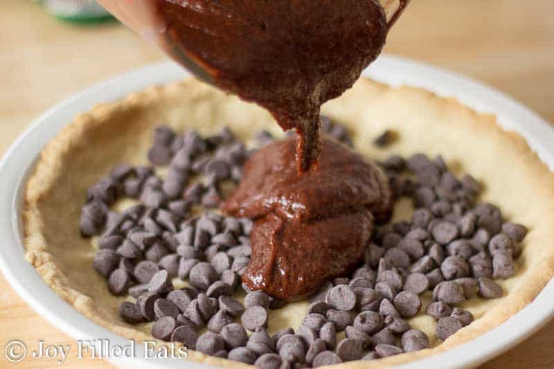 fudge brownie batter being poured into a pie plate filled with a layer of chocolate chips over a baked low carb pie crust