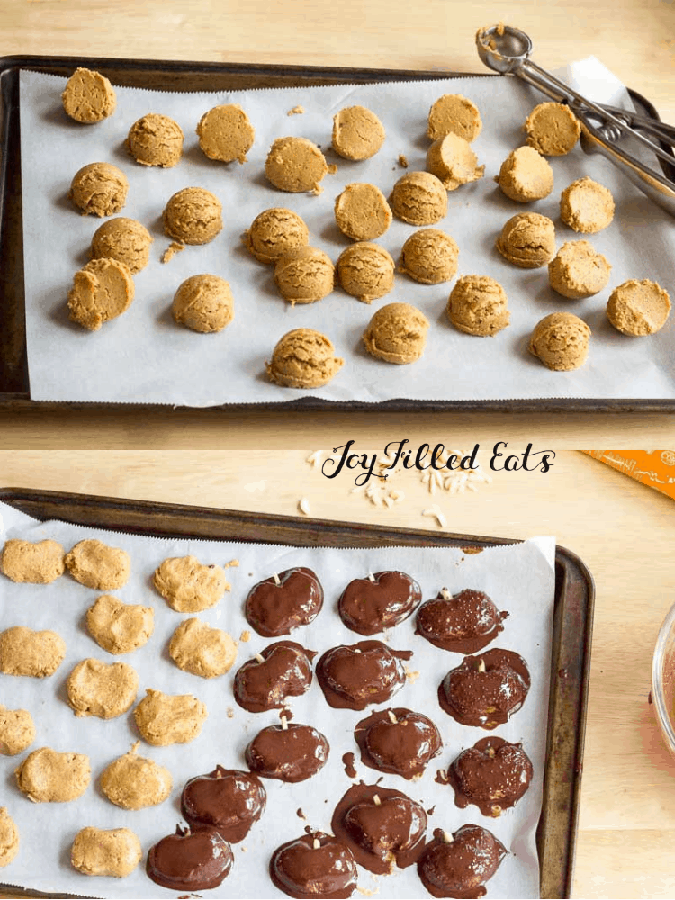 two images showing steps in shaping and coating sugar-free keto peanut butter pumpkins