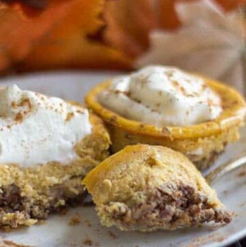 two Pecan Crusted Pumpkin Breakfast Cheesecakes on a white plate with on cheesecake sliced in half by a fork