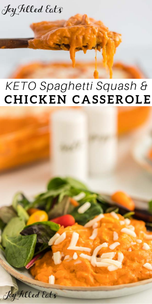 pinterest image for keto spaghetti squash and chicken casserole