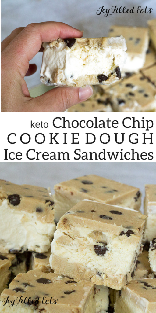 pinterest image for keto chocolate chip cookie dough ice cream sandwiches