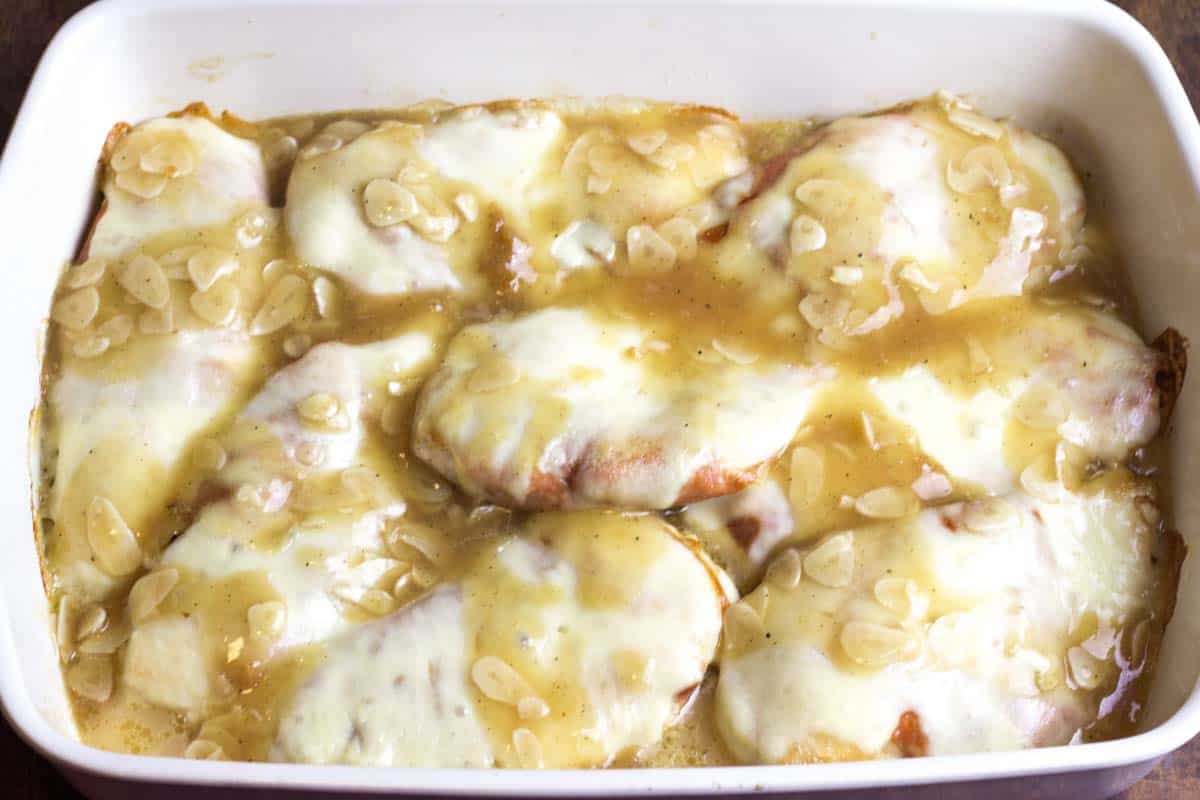 overhead view of chicken saltimbocca in a casserole dish
