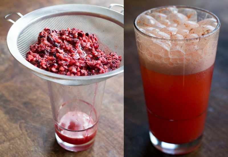 two images showing cranberry danish topping in a strainer on top of a glass and a glass full of seltzer and cranberry topping juice