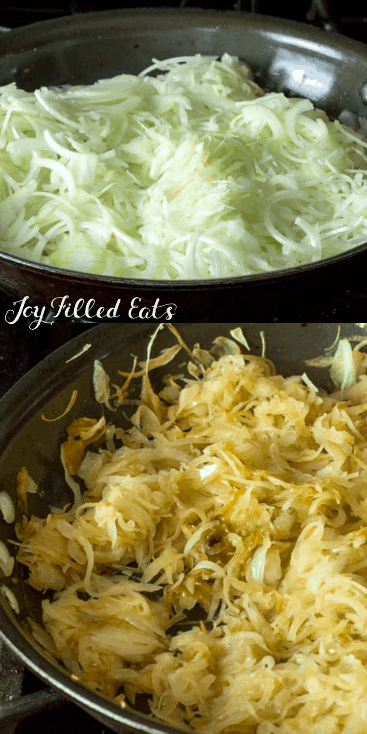 two images depicting how to caramelize onions