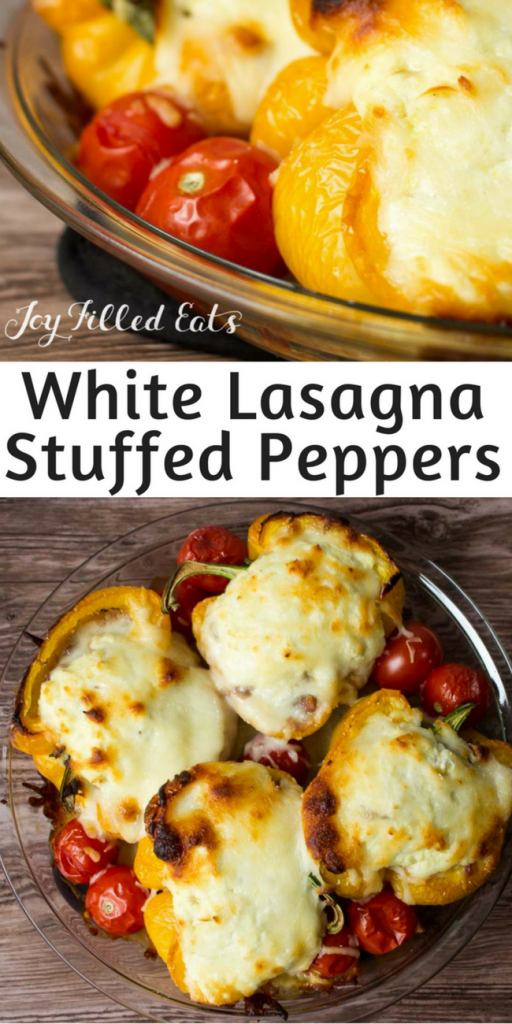 pinterest image for white lasagna stuffed peppers