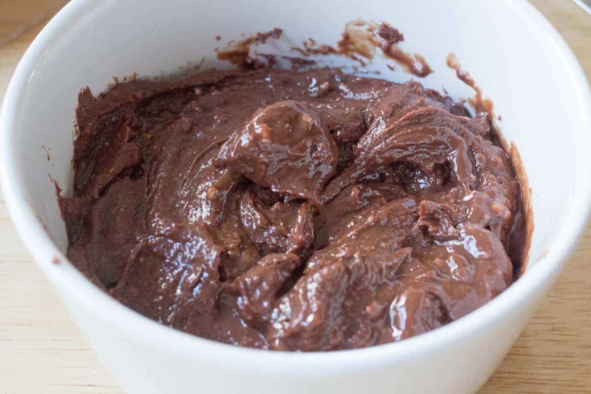 close up on small bowl of chocolate peppermint fudge