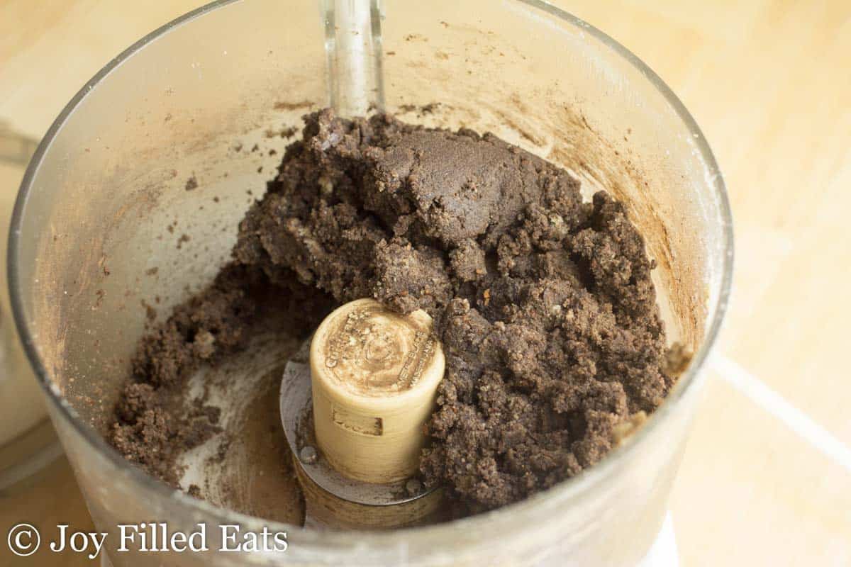 chocolate chip mocha cookie dough in a food processor close up