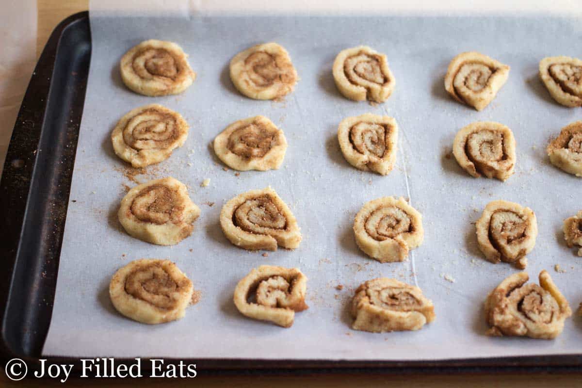 cinnamon roll circular shaped cookie dough lined on parchment paper on a sheet pan