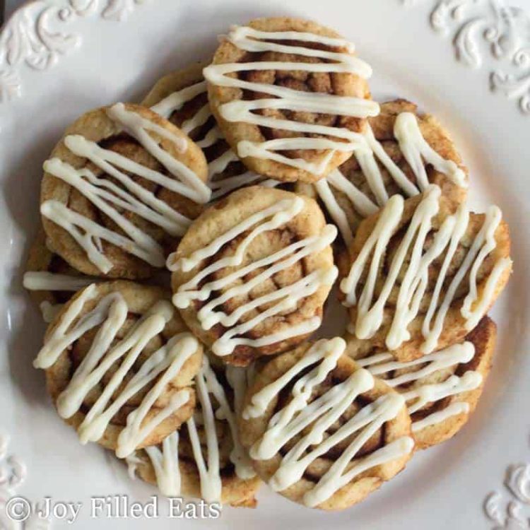 overhead view of a plate full of cinnamon roll cookies