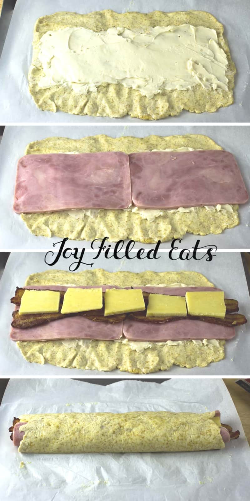 collage of images displaying stages of creating a loaded stromboli with the Joy Filled Eats logo