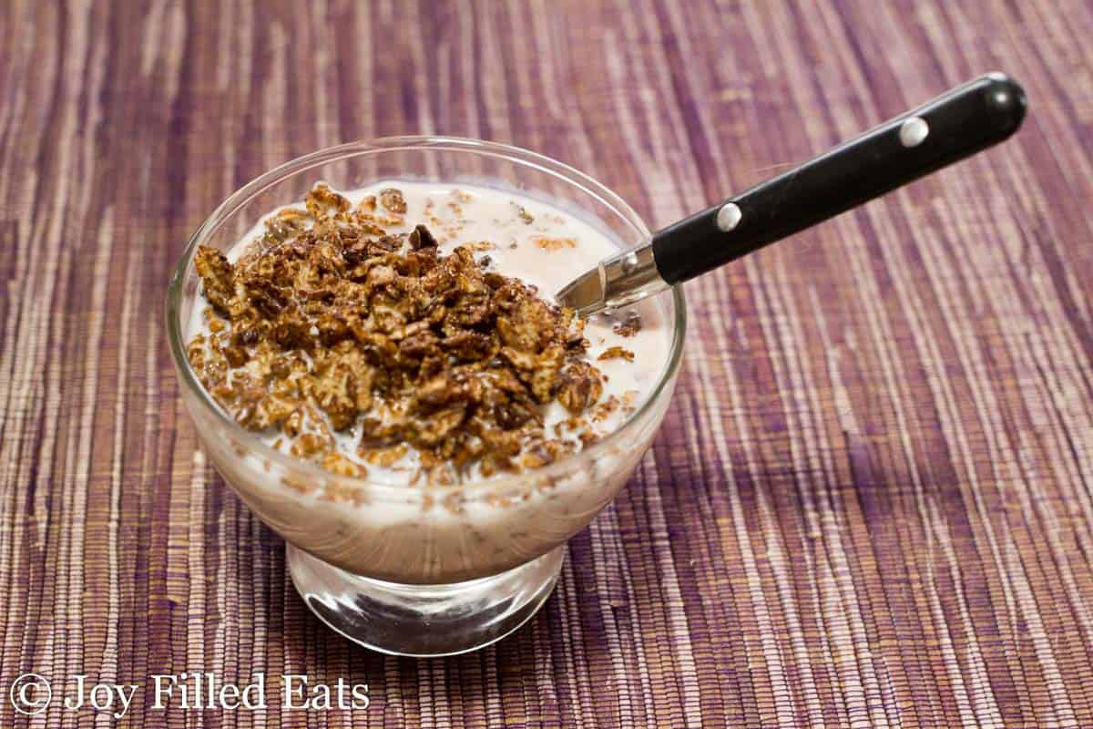 small glass bowl filled with milk and copycat cocoa krispies with a spoon