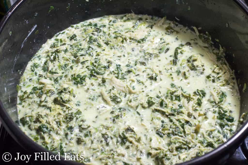 close up of chicken Florentine soup cooking in a pot from above