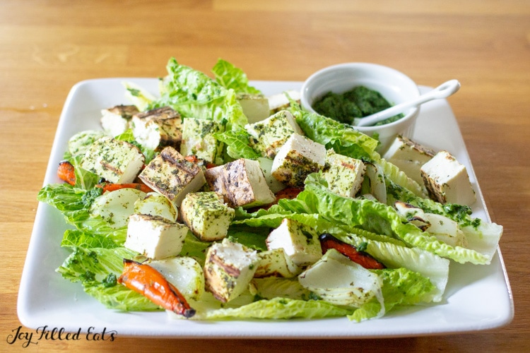 This Grilled Paneer Salad recipe on a white platter