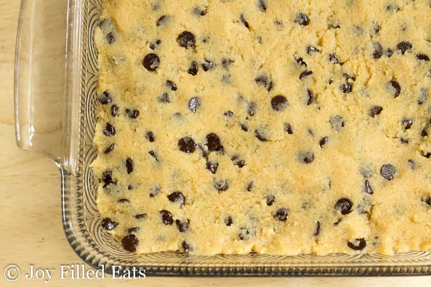 chocolate chip cookie dough brownies in a baking dish from above