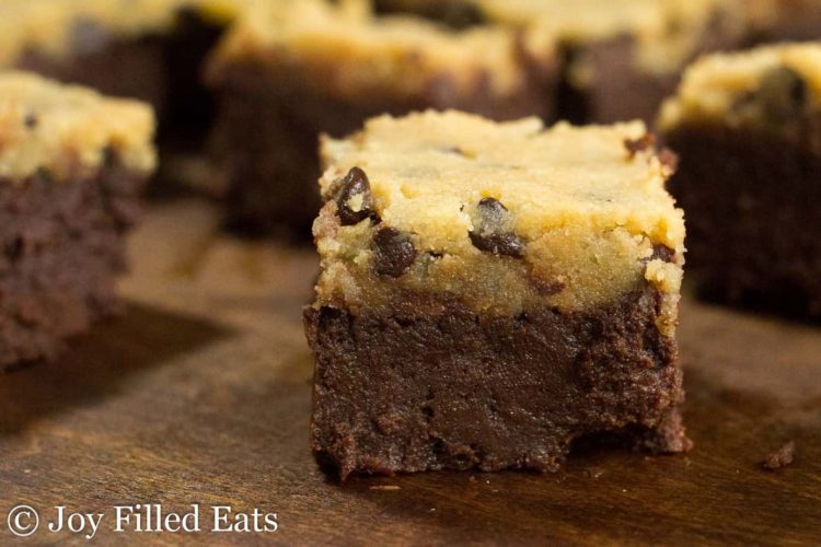 close up on chocolate chip cookie dough brownie square