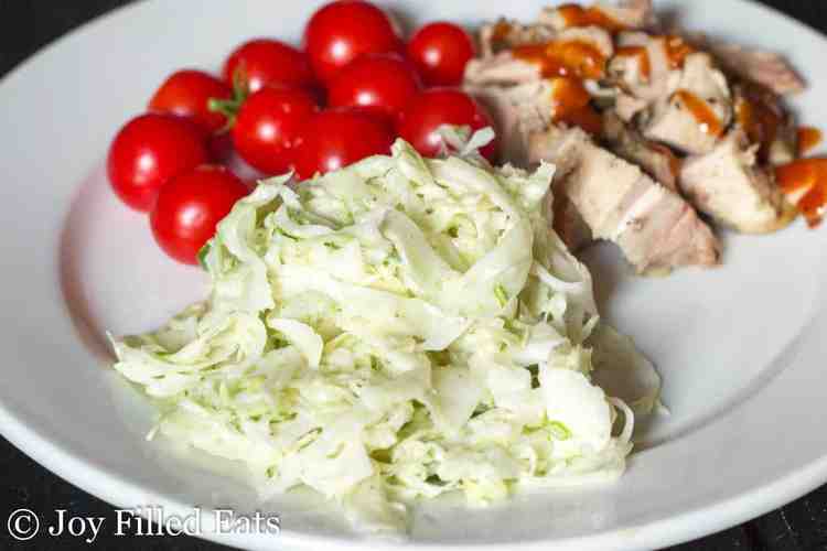 coleslaw with fennel on a plate with cherry tomatoes and BBQ sauced meat