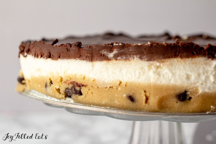 Close up on the no bake cookie dough cheesecake showing the different layers