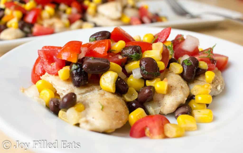 close up on plate of cumin rubbed chicken and black bean & corn salsa