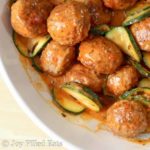 overhead view of one pot meatballs with zucchini & mascarpone