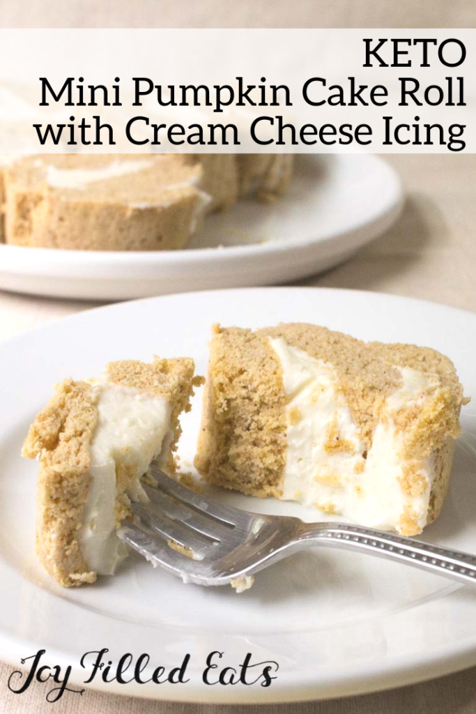 pinterest image for keto mini pumpkin cake roll with cream cheese icing