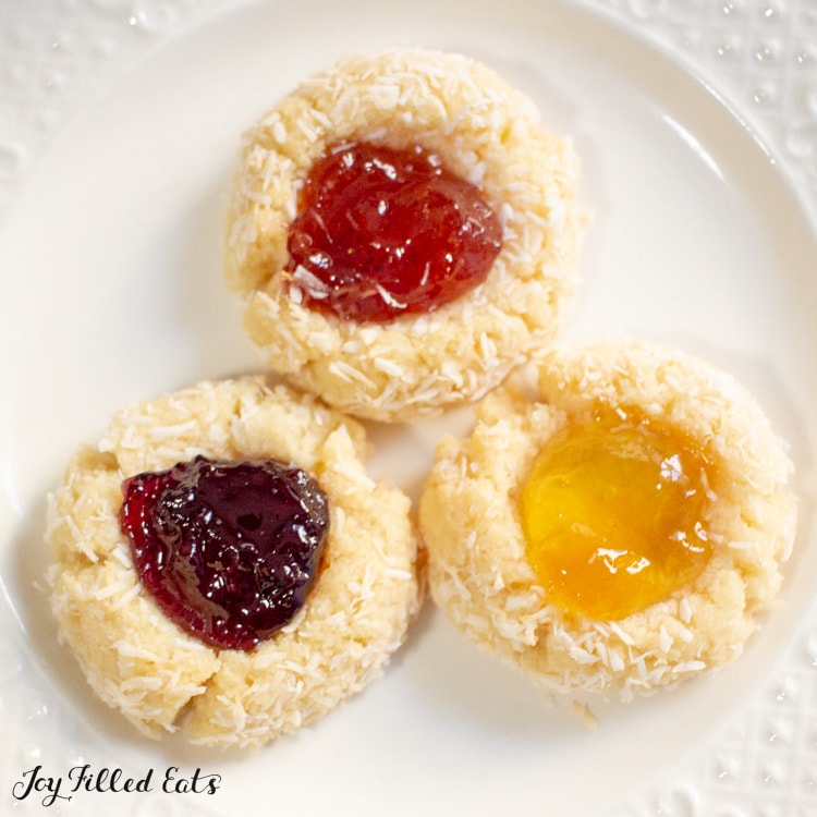 plate of jam thumbprint cookies from above