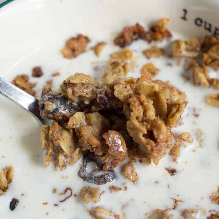 spoonful of healthy granola in bowl with type of milk