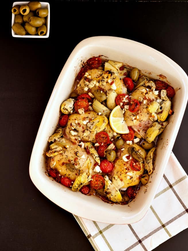 overhead view of casserole dish with easy Greek Chicken bake